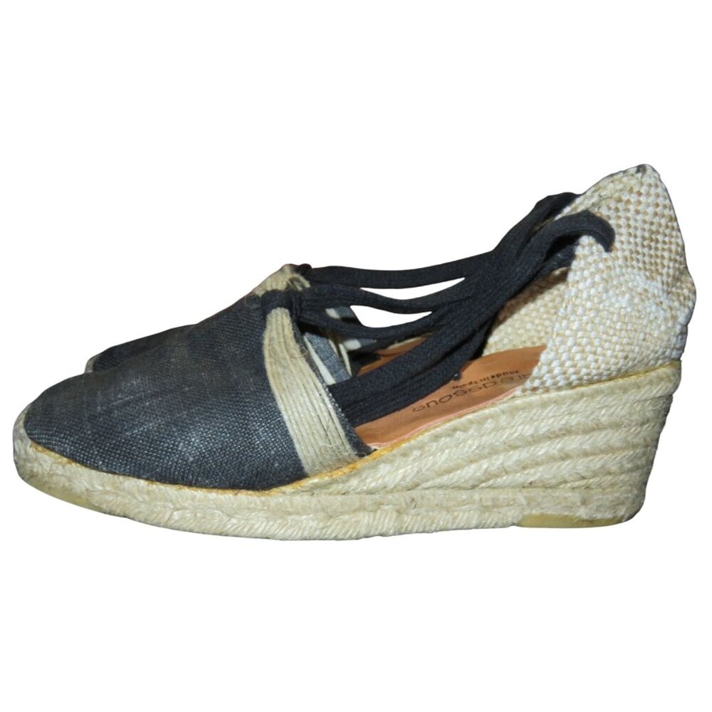 André Assous Boston Proper Fresco Black Linen Espadrille Wedges with Ankle Strap